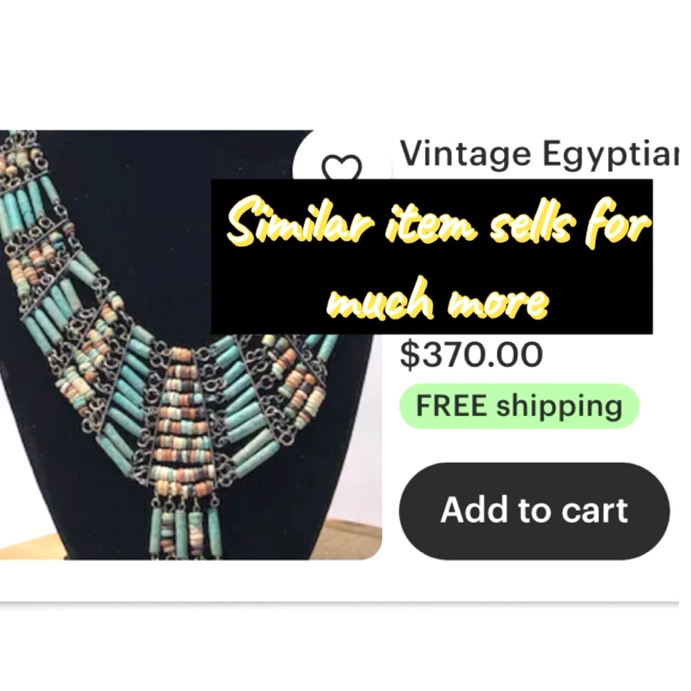 N128 Vintage Egyptian Revival Turquoise and Silver Beaded Bib Necklace - Picture 7 of 10